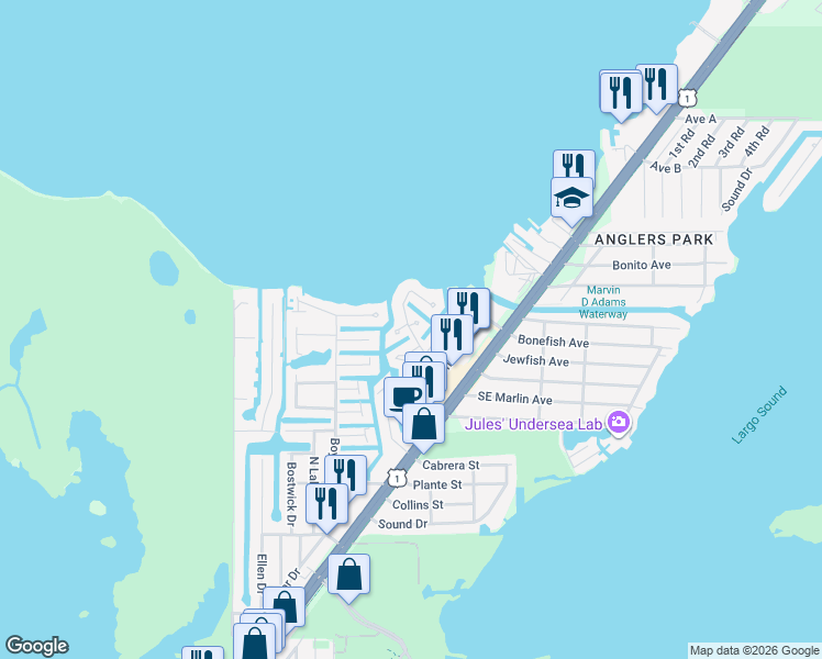 map of restaurants, bars, coffee shops, grocery stores, and more near 1199 Calder Rd in Key Largo