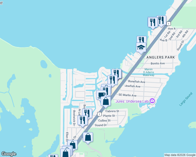map of restaurants, bars, coffee shops, grocery stores, and more near 1206 Saratoga Lane in Key Largo