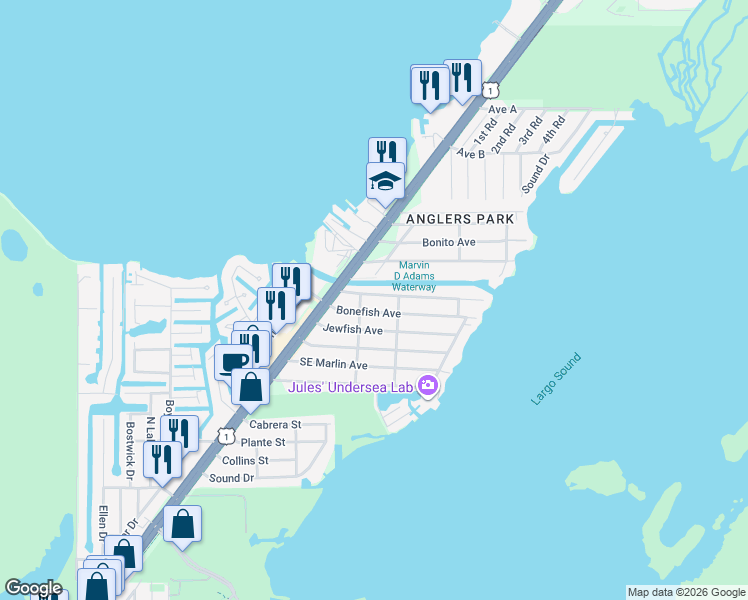 map of restaurants, bars, coffee shops, grocery stores, and more near 7 Bass Avenue in Key Largo