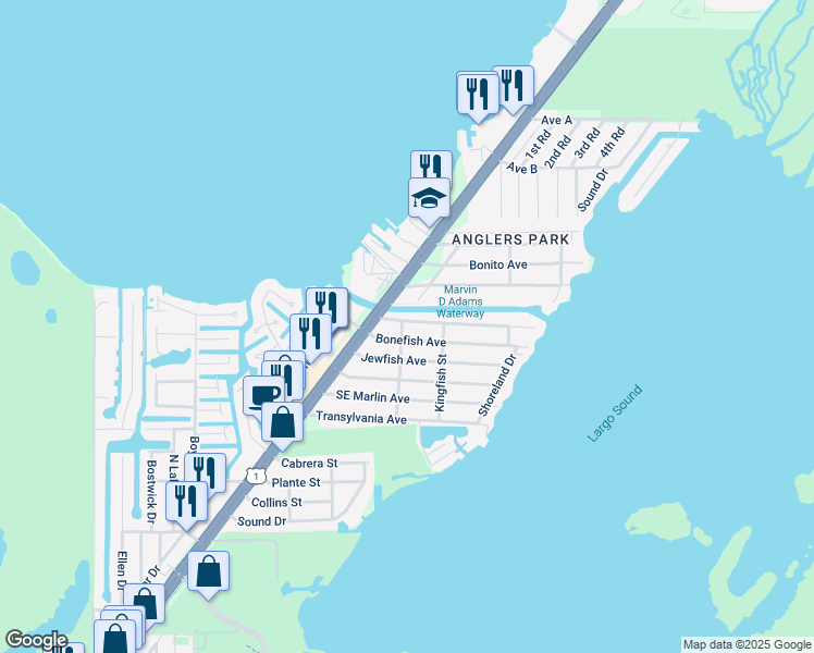 map of restaurants, bars, coffee shops, grocery stores, and more near 7 Bass Avenue in Key Largo
