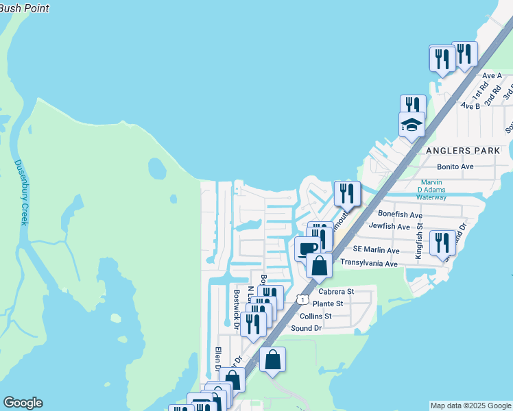 map of restaurants, bars, coffee shops, grocery stores, and more near 9 Michael Drive in Key Largo