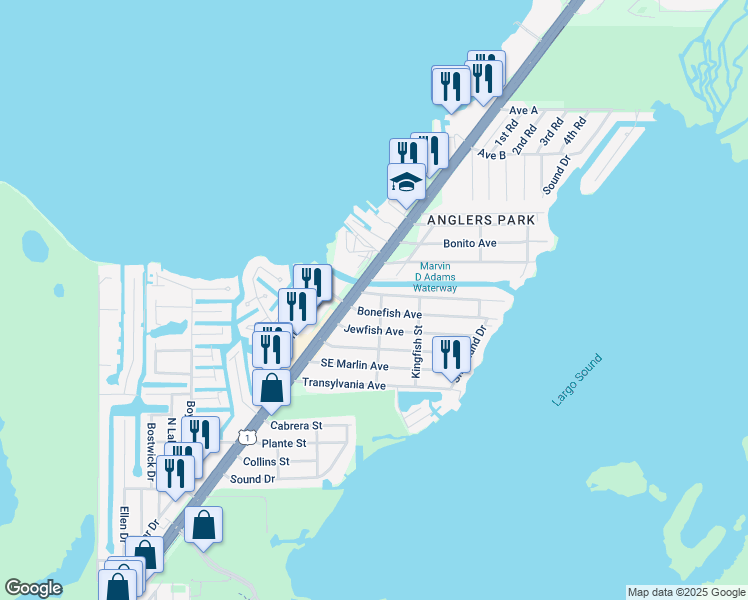 map of restaurants, bars, coffee shops, grocery stores, and more near 7 Bass Avenue in Key Largo