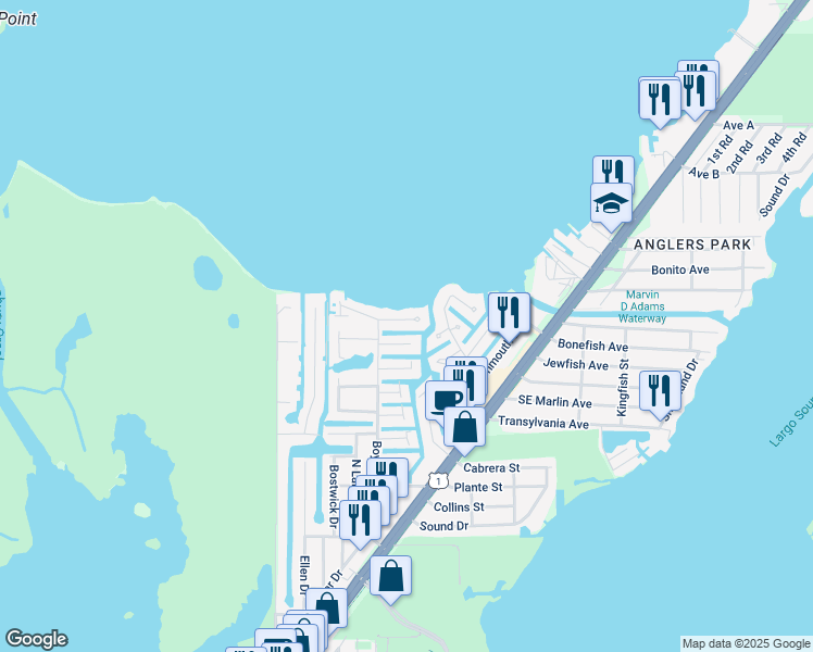 map of restaurants, bars, coffee shops, grocery stores, and more near 810 Narragansett Lane in Key Largo