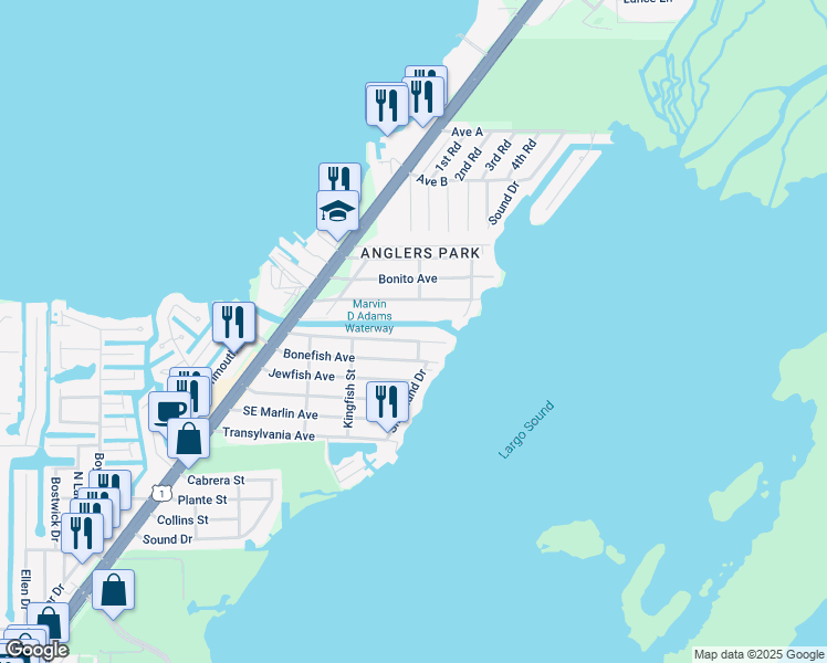 map of restaurants, bars, coffee shops, grocery stores, and more near 63 Bass Avenue in Key Largo