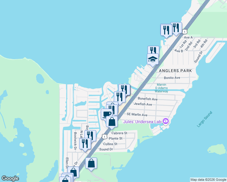 map of restaurants, bars, coffee shops, grocery stores, and more near 1404-1406 Suffolk Circle in Key Largo