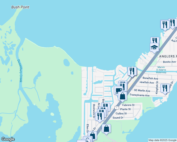 map of restaurants, bars, coffee shops, grocery stores, and more near 1041 Adams Drive in Key Largo