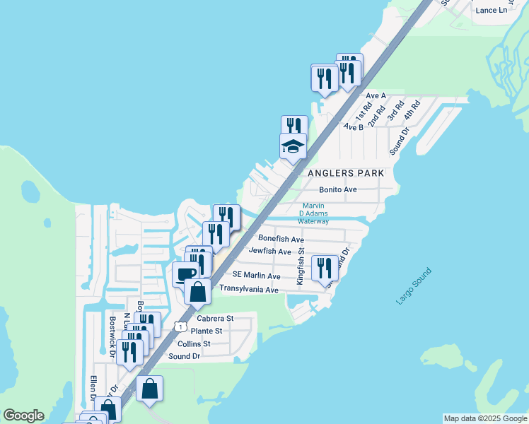map of restaurants, bars, coffee shops, grocery stores, and more near Route 1 in Key Largo