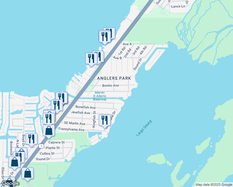 map of restaurants, bars, coffee shops, grocery stores, and more near 484 Barracuda Boulevard in Key Largo
