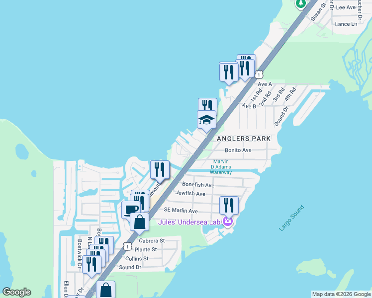 map of restaurants, bars, coffee shops, grocery stores, and more near 103688 Overseas Highway in Key Largo