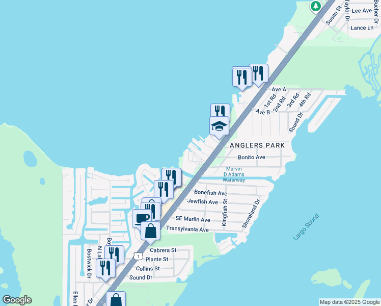 map of restaurants, bars, coffee shops, grocery stores, and more near 42 Sweeting Road in Key Largo