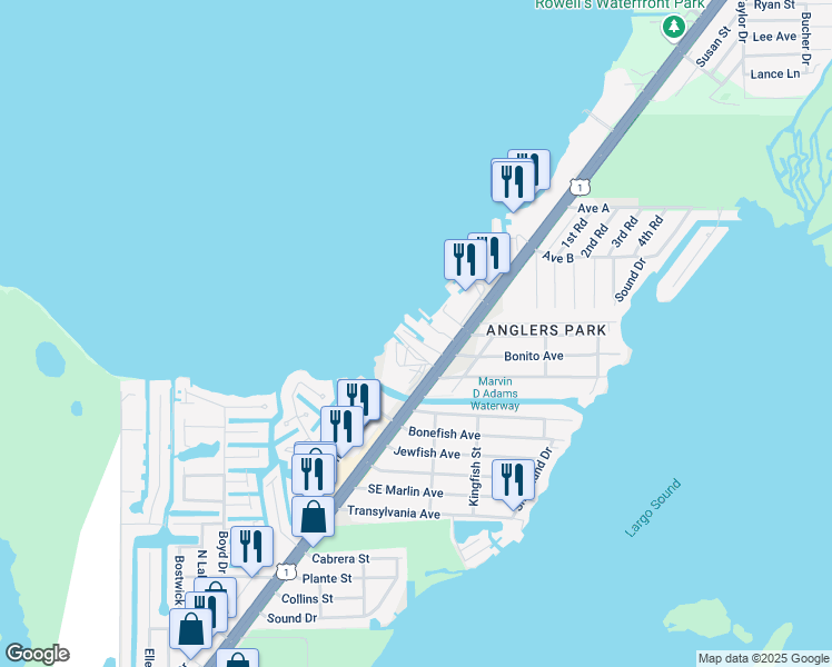 map of restaurants, bars, coffee shops, grocery stores, and more near 42 Sweeting Road in Key Largo