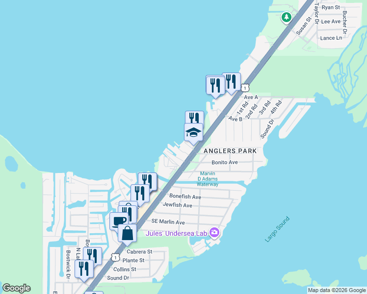 map of restaurants, bars, coffee shops, grocery stores, and more near 103688 Overseas Highway in Key Largo