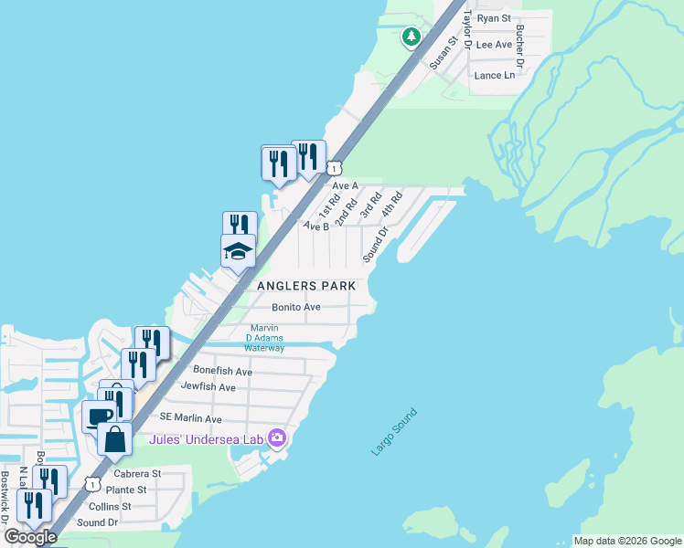 map of restaurants, bars, coffee shops, grocery stores, and more near 770 Dolphin Avenue in Key Largo