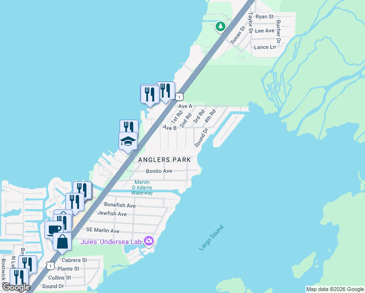 map of restaurants, bars, coffee shops, grocery stores, and more near 305 2nd Terrace in Key Largo