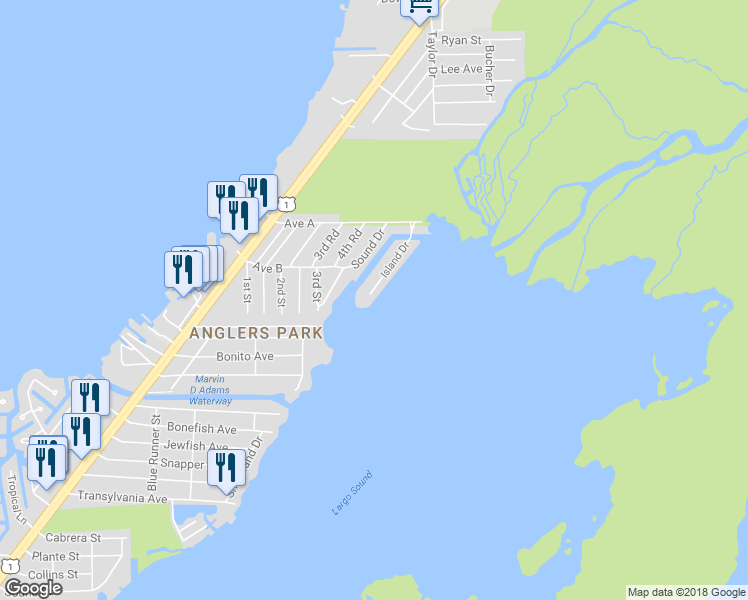 map of restaurants, bars, coffee shops, grocery stores, and more near 604 Island Drive in Key Largo