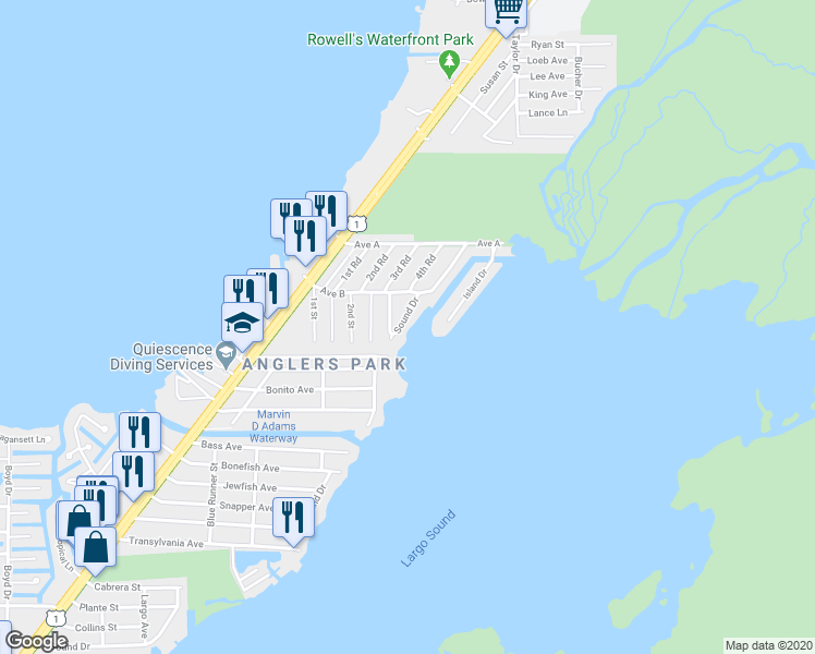 map of restaurants, bars, coffee shops, grocery stores, and more near 506 Sound Dr in Key Largo