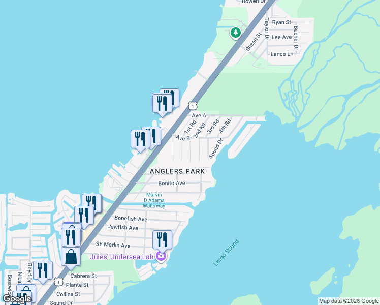 map of restaurants, bars, coffee shops, grocery stores, and more near 305 2nd Terrace in Key Largo