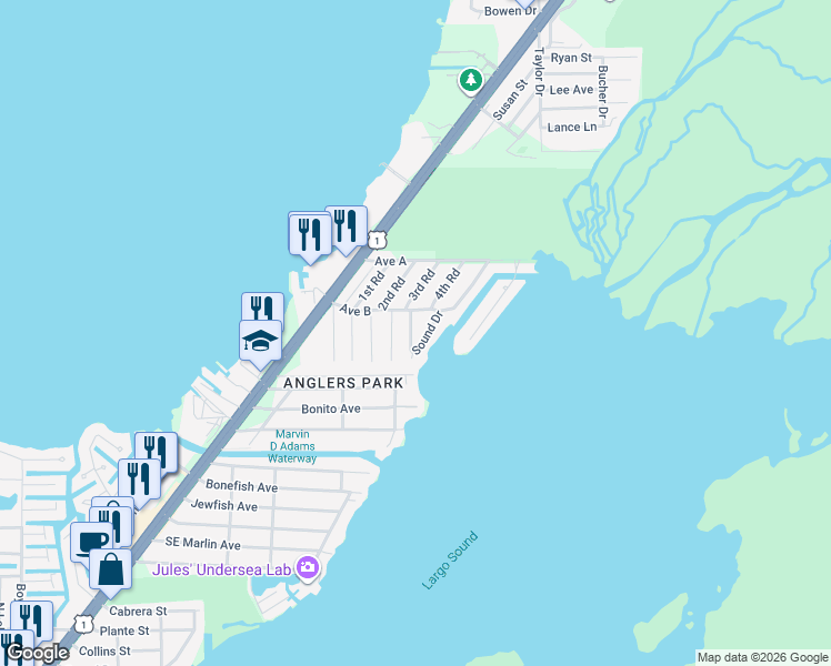 map of restaurants, bars, coffee shops, grocery stores, and more near 506 Sound Drive in Key Largo