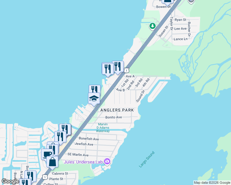 map of restaurants, bars, coffee shops, grocery stores, and more near 125 1st Road in Key Largo