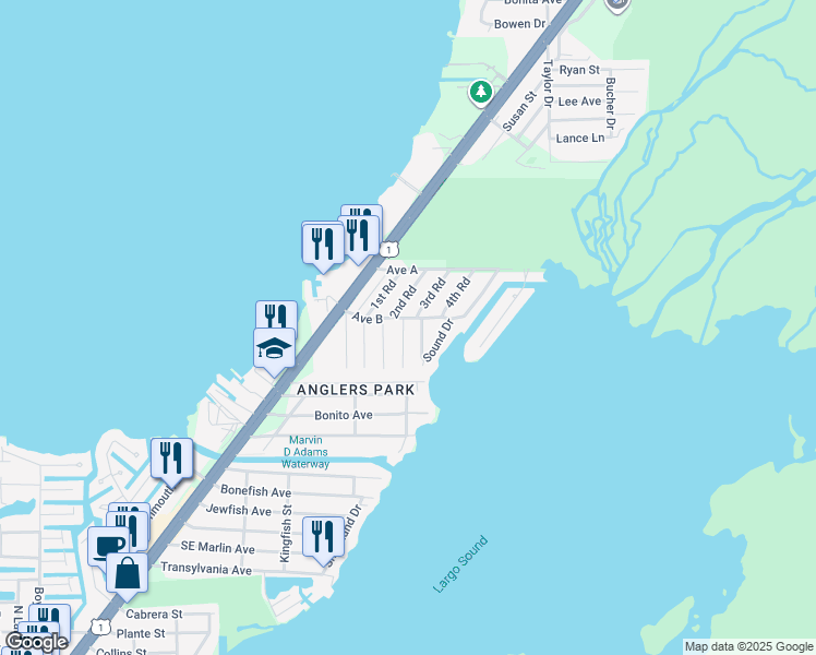 map of restaurants, bars, coffee shops, grocery stores, and more near 224 2nd Road in Key Largo