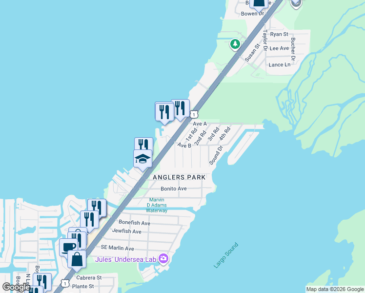 map of restaurants, bars, coffee shops, grocery stores, and more near 125 1st Terrace in Key Largo