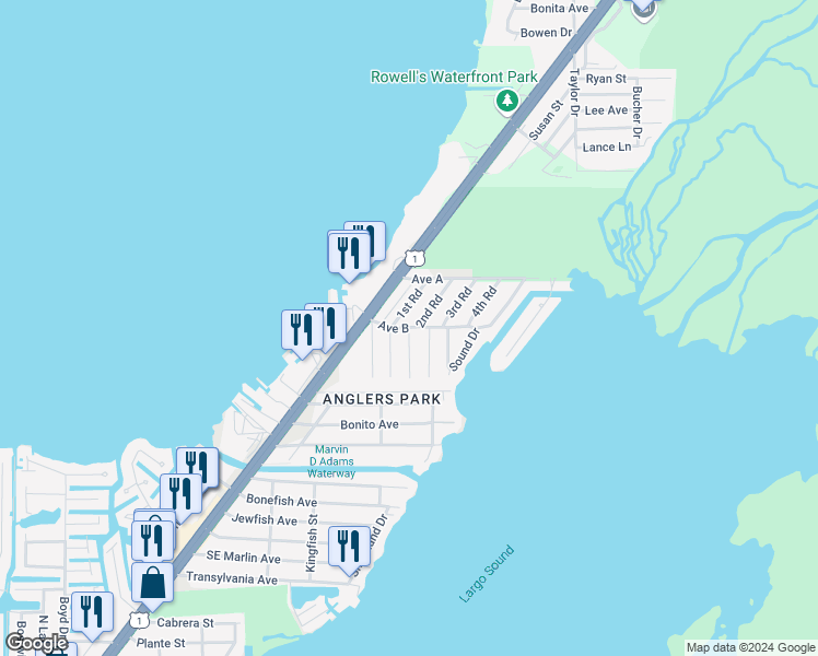 map of restaurants, bars, coffee shops, grocery stores, and more near 224 2nd Road in Key Largo