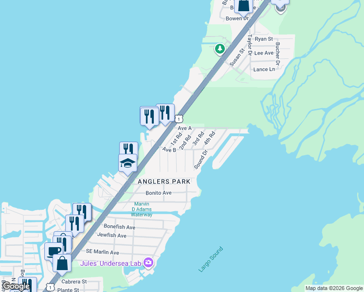 map of restaurants, bars, coffee shops, grocery stores, and more near 2nd Road in Key Largo