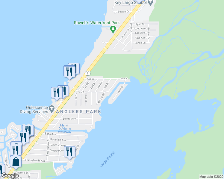 map of restaurants, bars, coffee shops, grocery stores, and more near 530 5th Rd in Key Largo