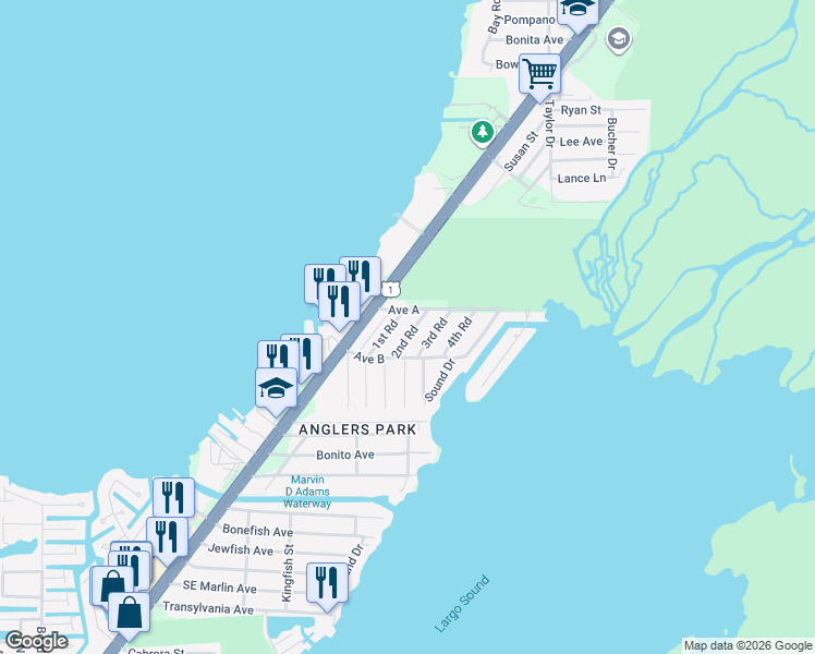 map of restaurants, bars, coffee shops, grocery stores, and more near 144 Avenue A in Key Largo