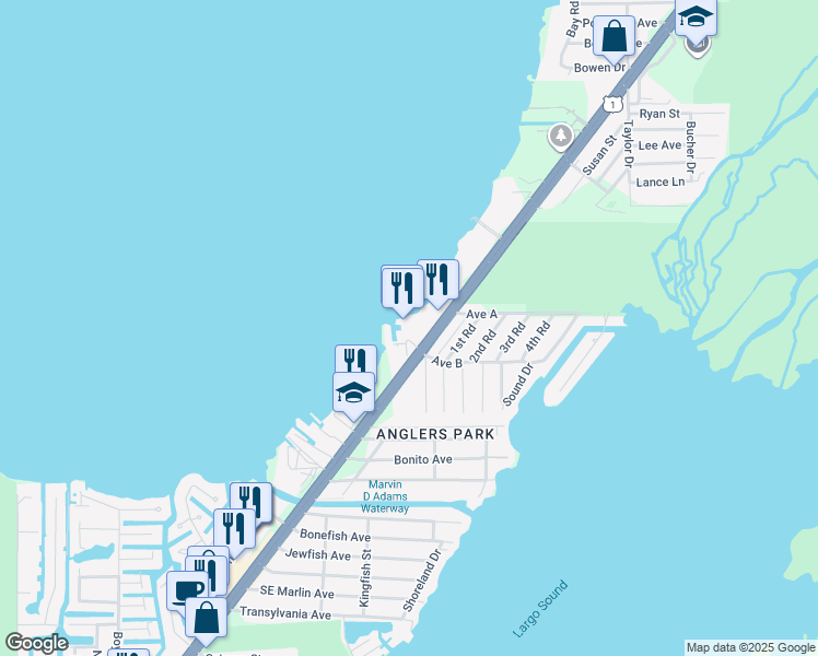 map of restaurants, bars, coffee shops, grocery stores, and more near 103900 Overseas Highway in Key Largo