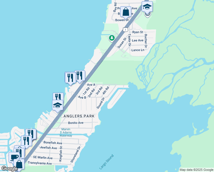 map of restaurants, bars, coffee shops, grocery stores, and more near 444 Avenue A in Key Largo
