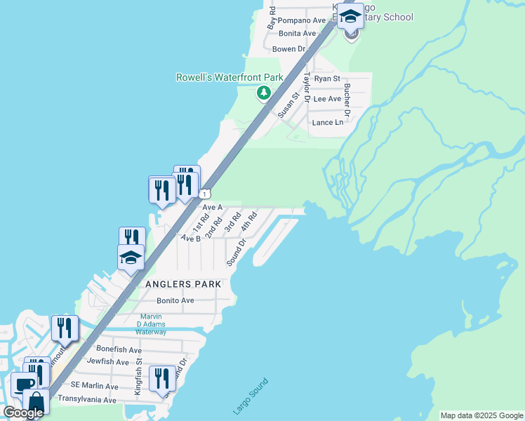 map of restaurants, bars, coffee shops, grocery stores, and more near 444 Avenue A in Key Largo