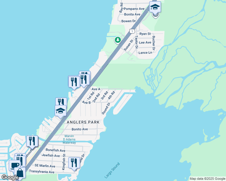 map of restaurants, bars, coffee shops, grocery stores, and more near 444 Avenue A in Key Largo