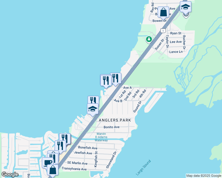 map of restaurants, bars, coffee shops, grocery stores, and more near 103900 Overseas Highway in Key Largo