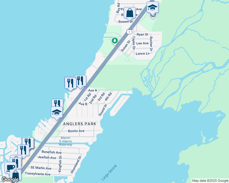 map of restaurants, bars, coffee shops, grocery stores, and more near 444 Avenue A in Key Largo