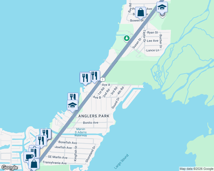 map of restaurants, bars, coffee shops, grocery stores, and more near 144 Avenue A in Key Largo
