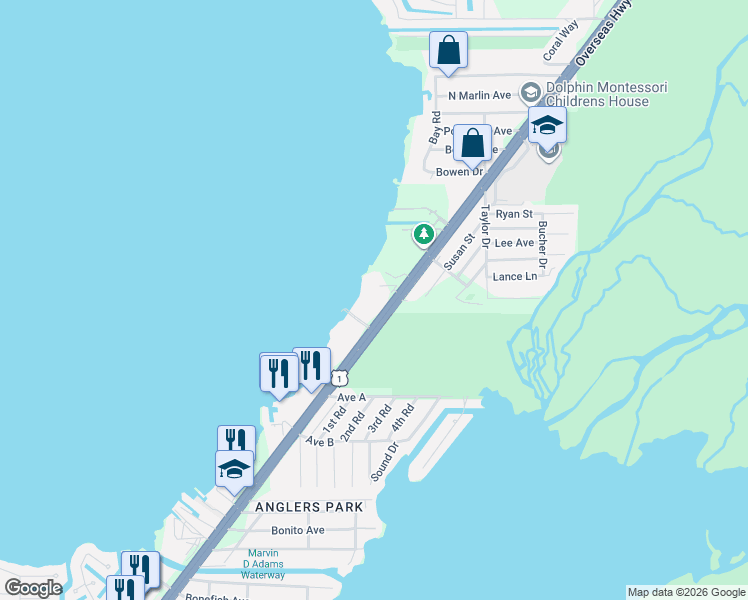 map of restaurants, bars, coffee shops, grocery stores, and more near 104350 Overseas Hwy B207 in Key Largo