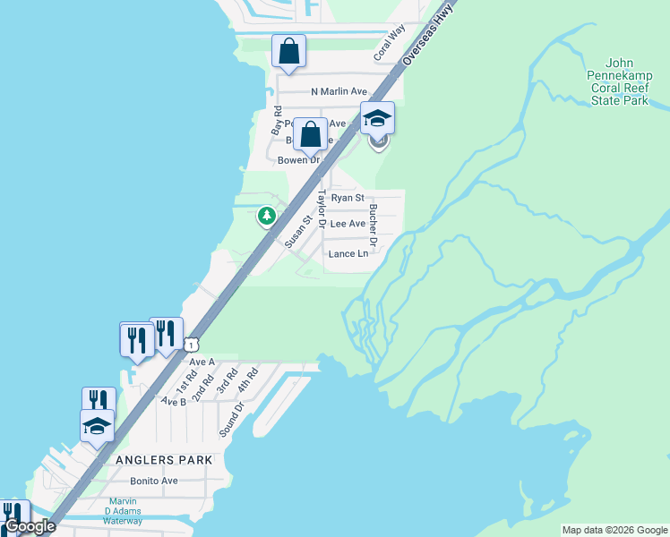 map of restaurants, bars, coffee shops, grocery stores, and more near 219 Lance Lane in Key Largo