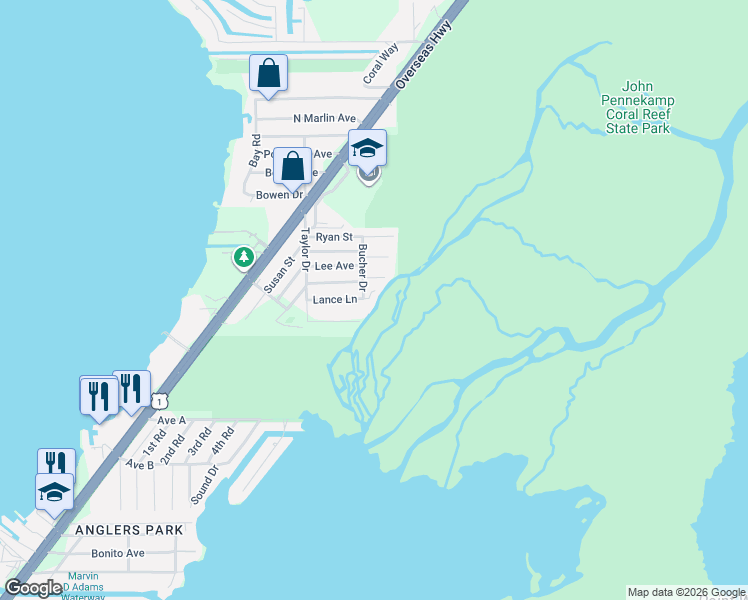 map of restaurants, bars, coffee shops, grocery stores, and more near 326 Lance Lane in Key Largo