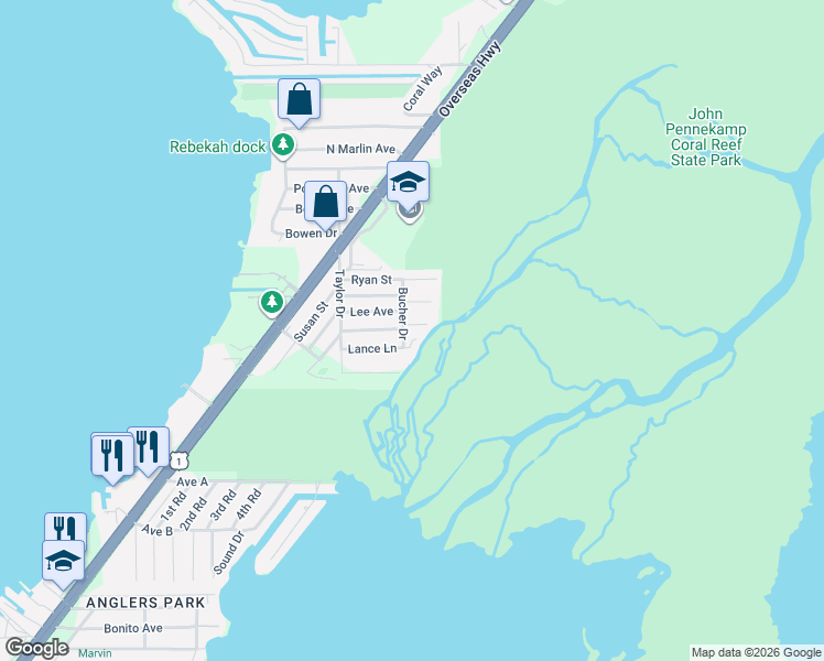 map of restaurants, bars, coffee shops, grocery stores, and more near 326 Lance Lane in Key Largo