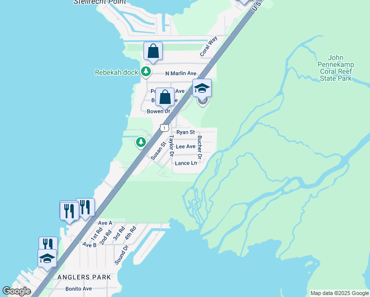 map of restaurants, bars, coffee shops, grocery stores, and more near 276 Lee Avenue in Key Largo