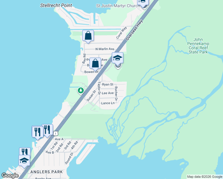 map of restaurants, bars, coffee shops, grocery stores, and more near 276 Lee Avenue in Key Largo