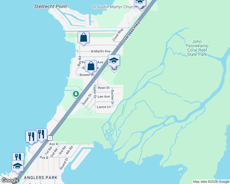 map of restaurants, bars, coffee shops, grocery stores, and more near 335 Loeb Avenue in Key Largo