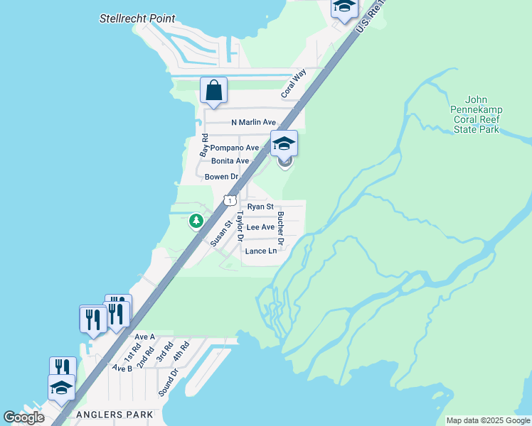 map of restaurants, bars, coffee shops, grocery stores, and more near 276 Lee Avenue in Key Largo