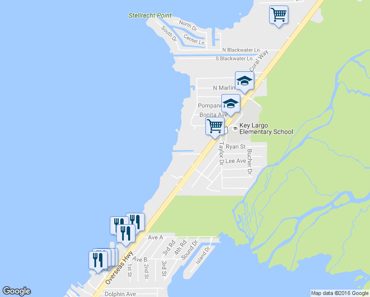 map of restaurants, bars, coffee shops, grocery stores, and more near 29 Bowen Drive in Key Largo