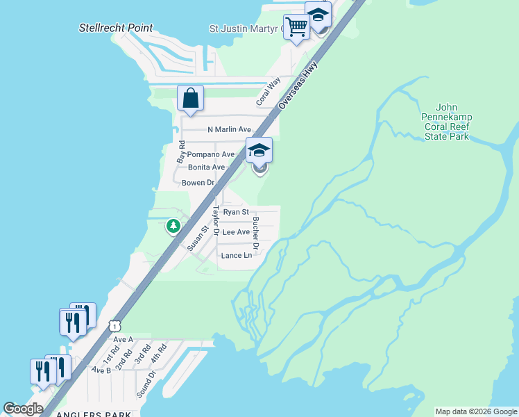map of restaurants, bars, coffee shops, grocery stores, and more near 332 Ryan Avenue in Key Largo