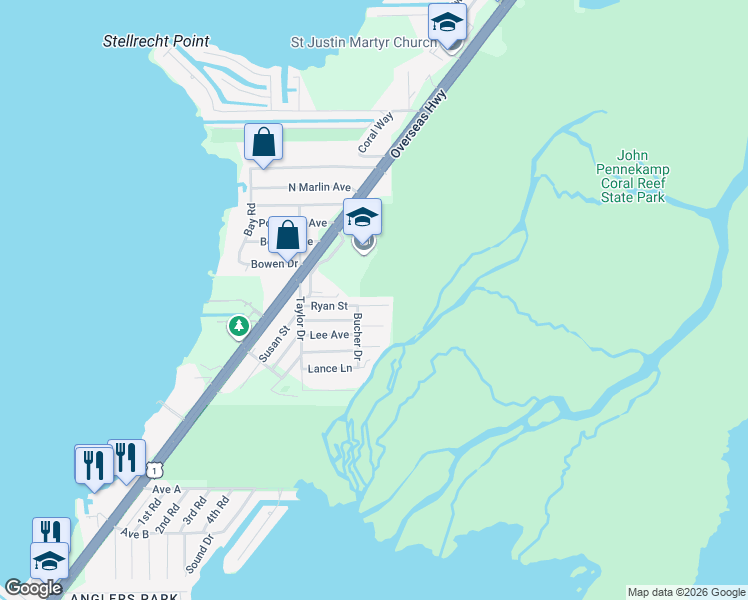 map of restaurants, bars, coffee shops, grocery stores, and more near 332 Ryan Avenue in Key Largo