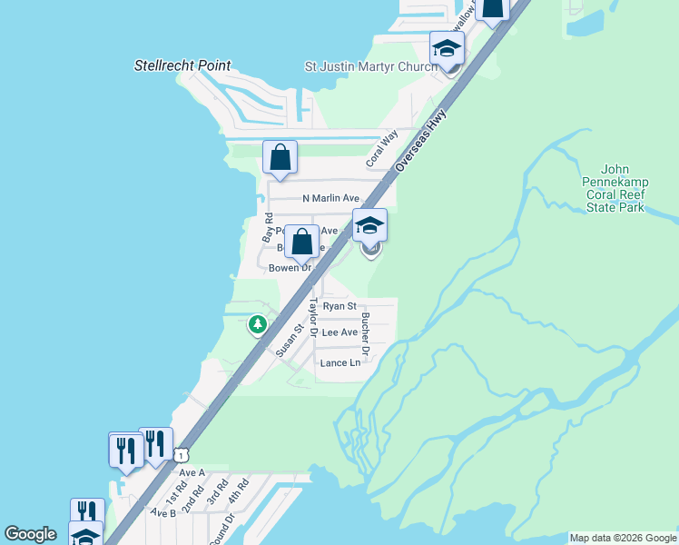 map of restaurants, bars, coffee shops, grocery stores, and more near 104727 Overseas Highway in Key Largo