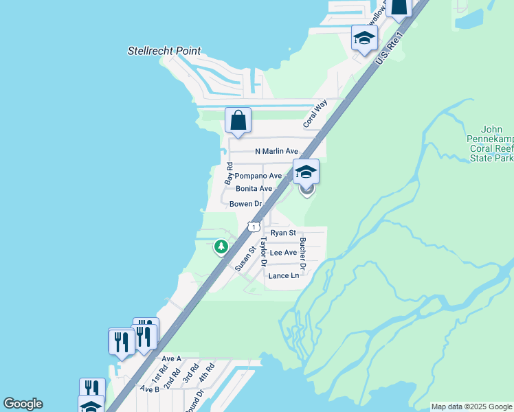 map of restaurants, bars, coffee shops, grocery stores, and more near 2 Bowen Drive in Key Largo