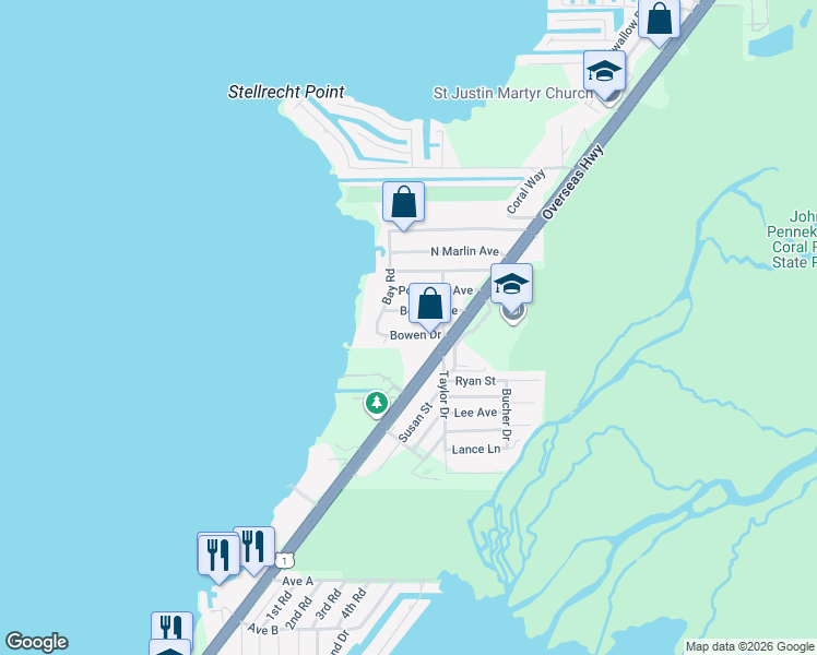 map of restaurants, bars, coffee shops, grocery stores, and more near 16 Bowen Drive in Key Largo